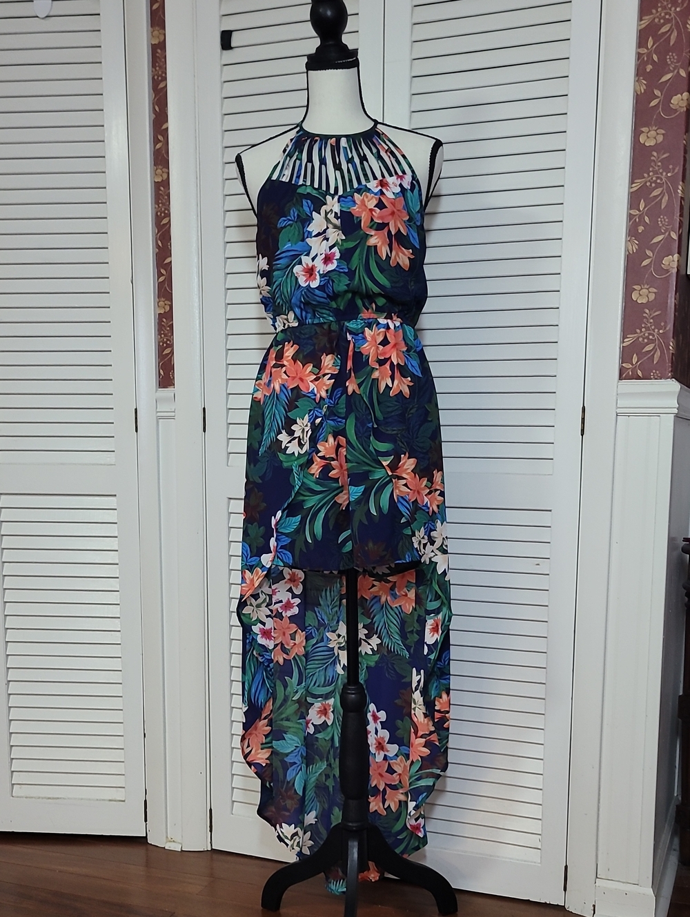 Candie's Navy Tropical Floral High-Low Skort Maxi Dress